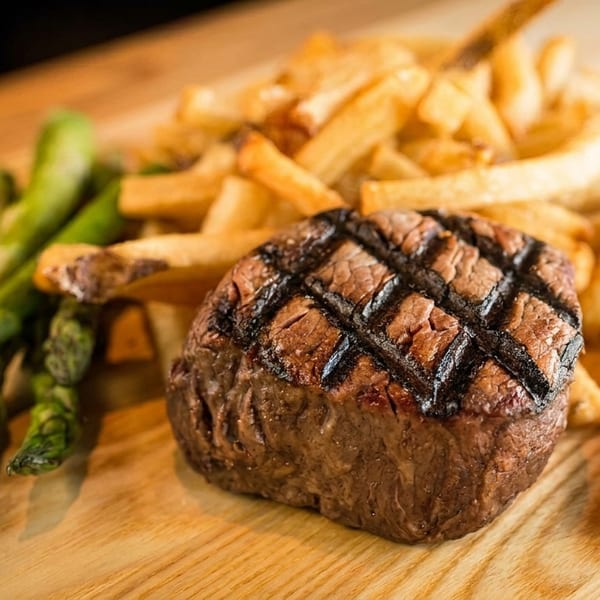 Grilled steak with crisscross sear marks, golden fries, and green asparagus on a wooden board.