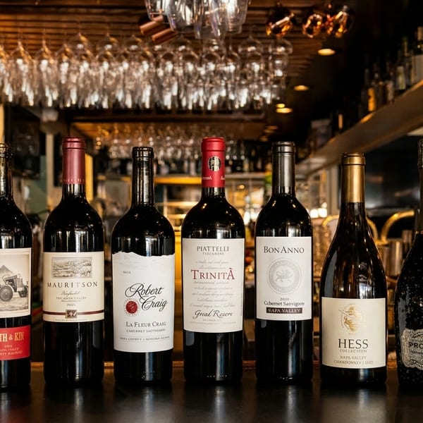 Seven bottles of wine and prosecco stand on a bar counter with glasses hanging above.