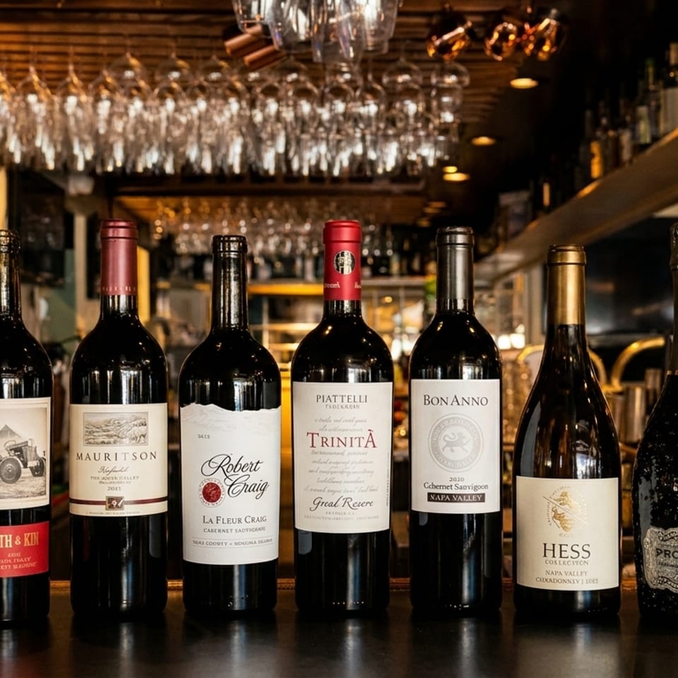 Seven bottles of wine and prosecco stand on a bar counter with glasses hanging above.