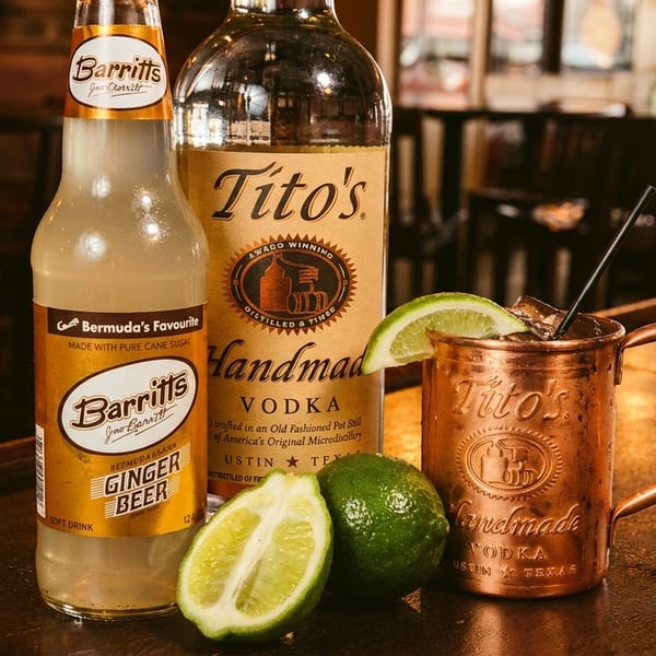 Tito's Handmade Vodka bottle, Barritt's Ginger Beer, limes, and a Moscow Mule on a bar.