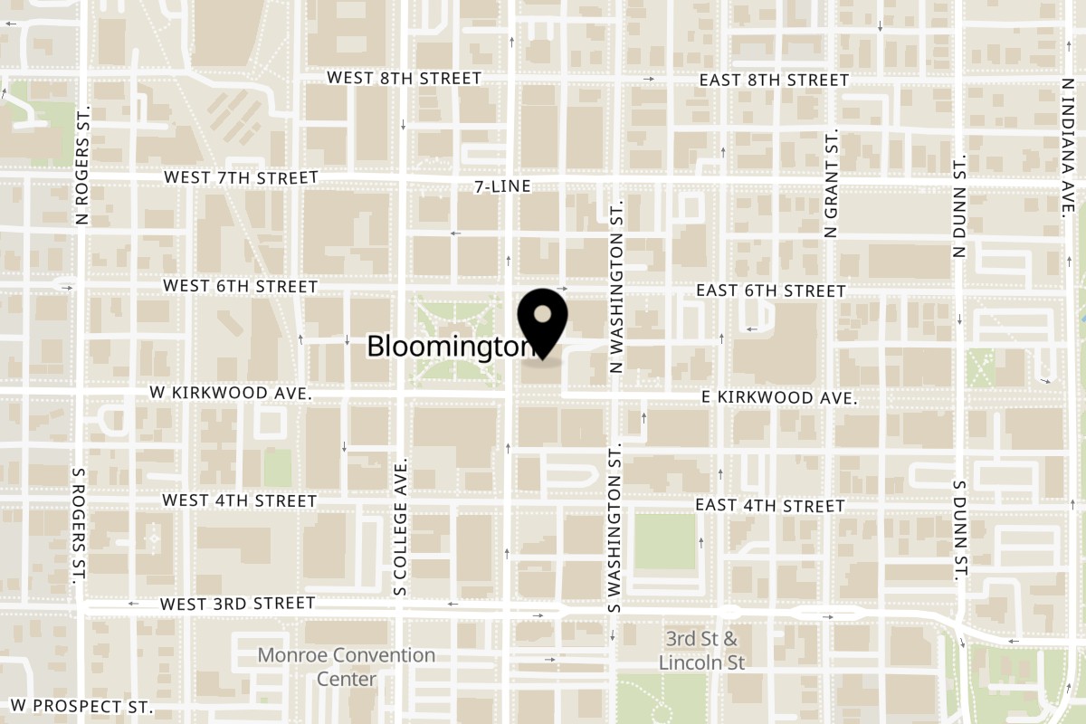 Map showing the location of Malibu Grill on 106 N Walnut St in Bloomington